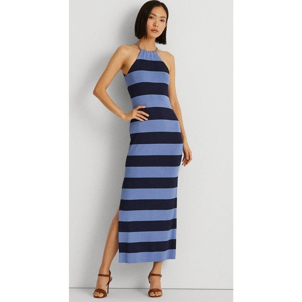 Ralph Lauren Striped Sleeveless Halter Dress Blue Navy $225 cottage chic strech